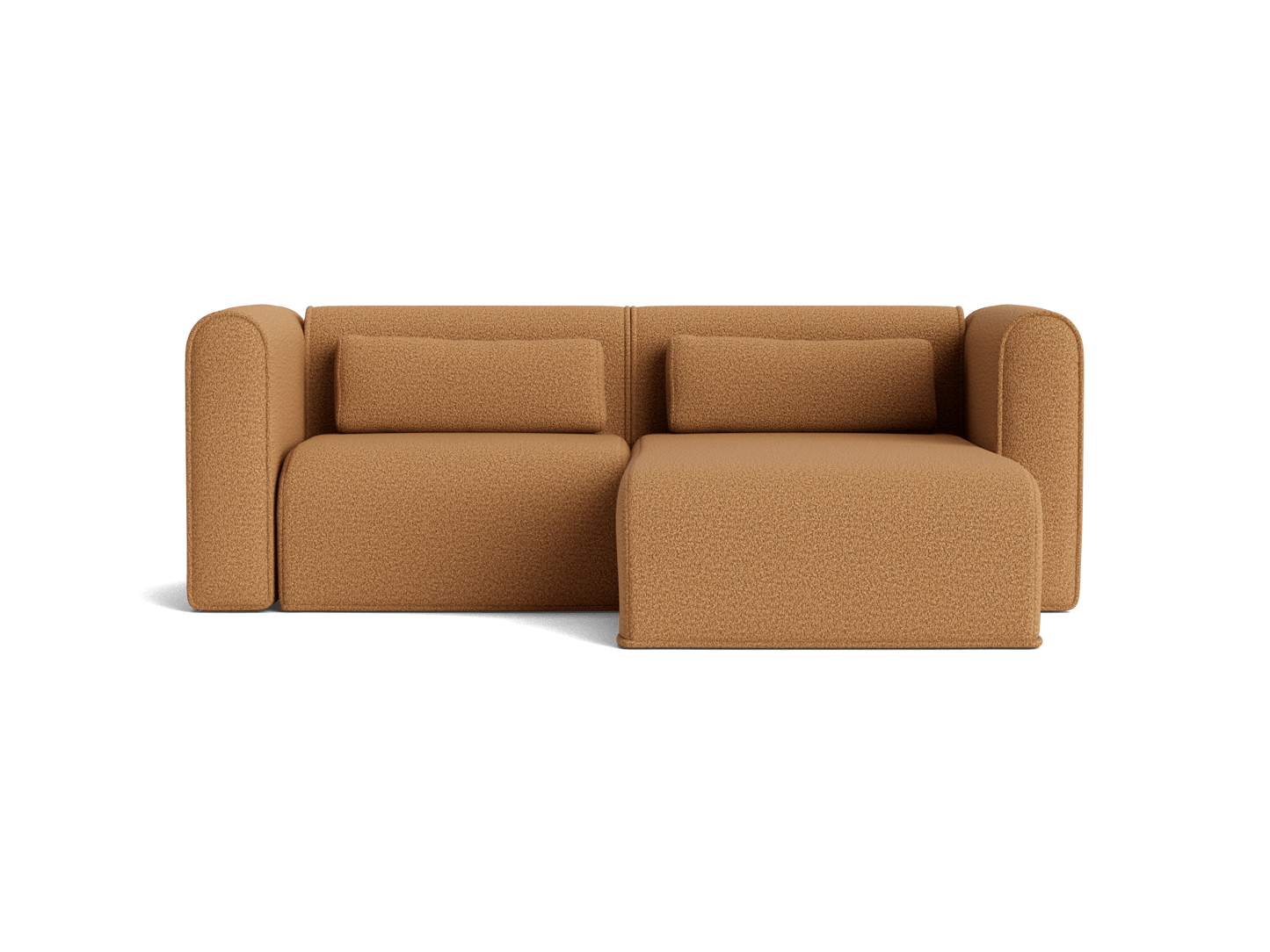 Modern tan sectional sofa with rounded arms and clean lines, featuring two rectangular cushions. Tailored design perfect for contemporary interiors.