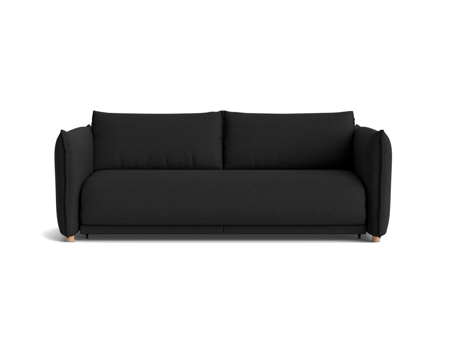 Dark grey sofa with two large back cushions and wooden legs, featuring a modern, minimalist design.