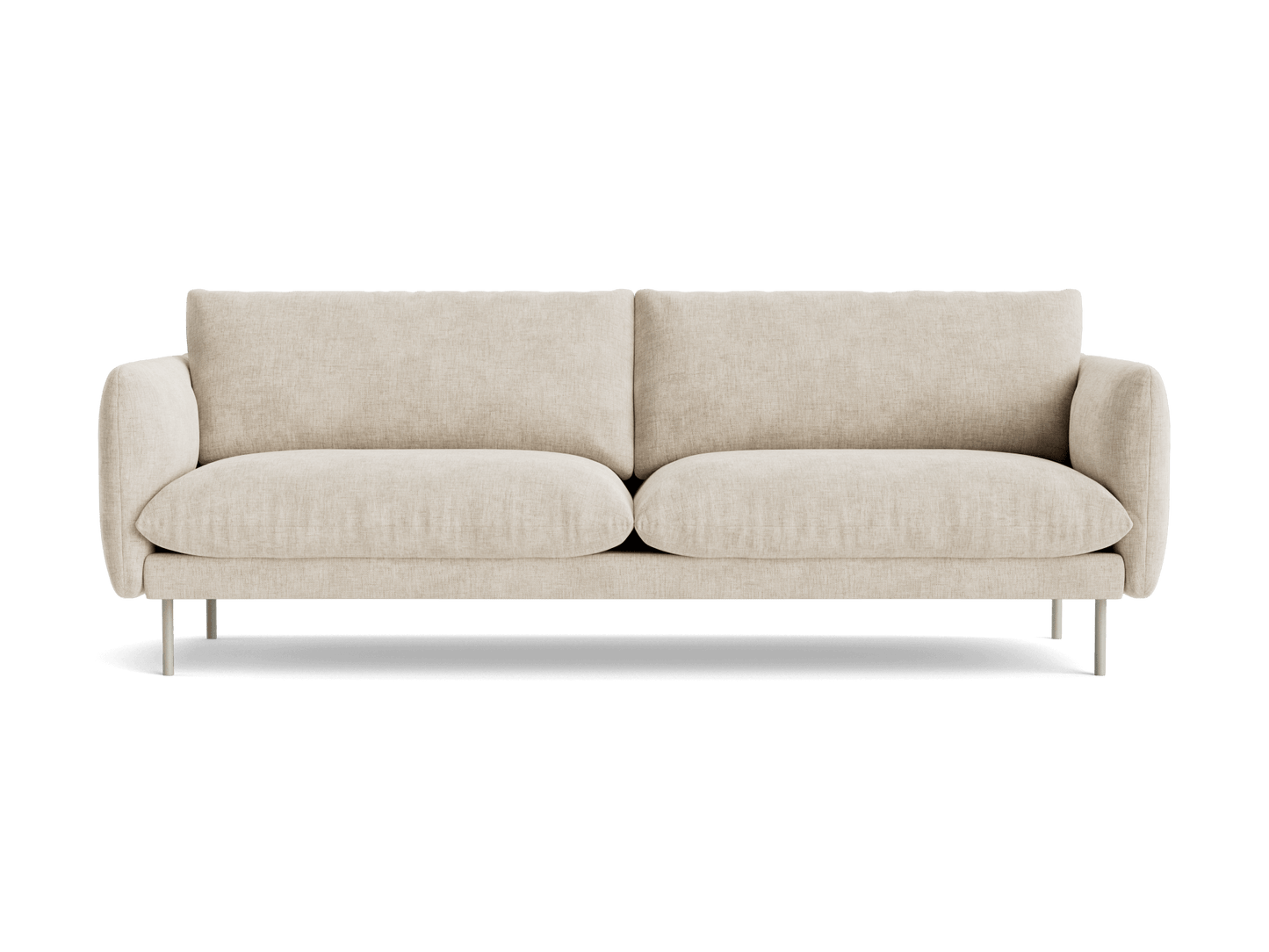 Beige fabric couch with two large cushions and minimalist metal legs, view from the front. Ideal for modern living rooms.