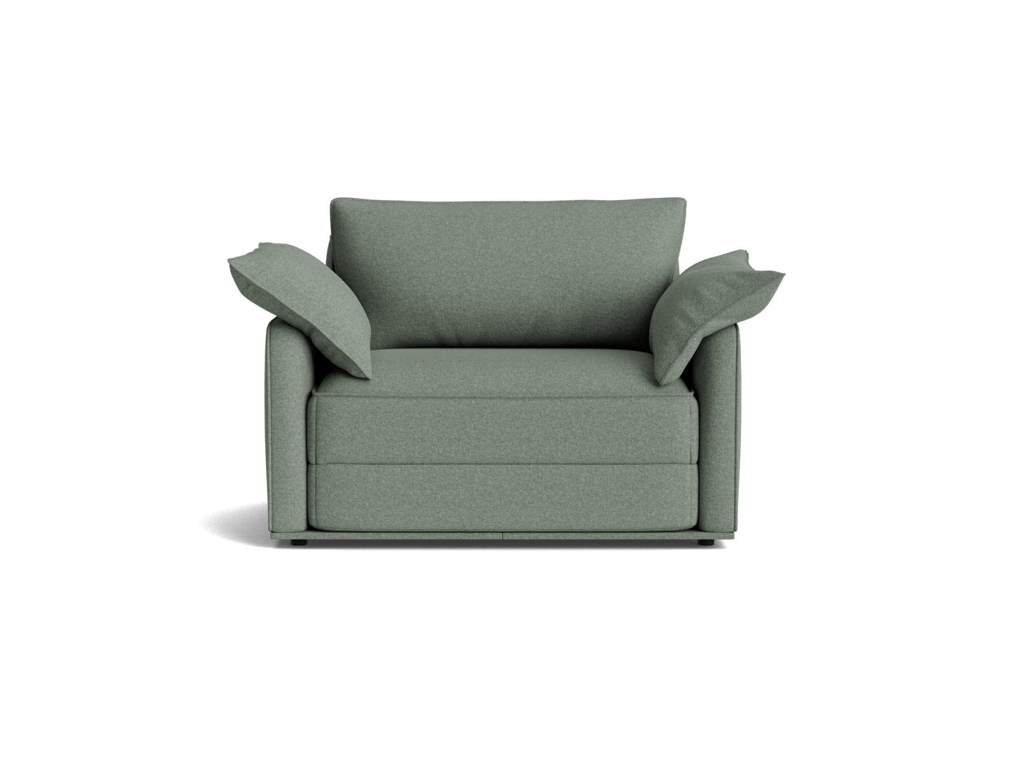 Green fabric loveseat with two cushioned armrests and a minimalist design. Perfect for small living spaces and modern interiors.