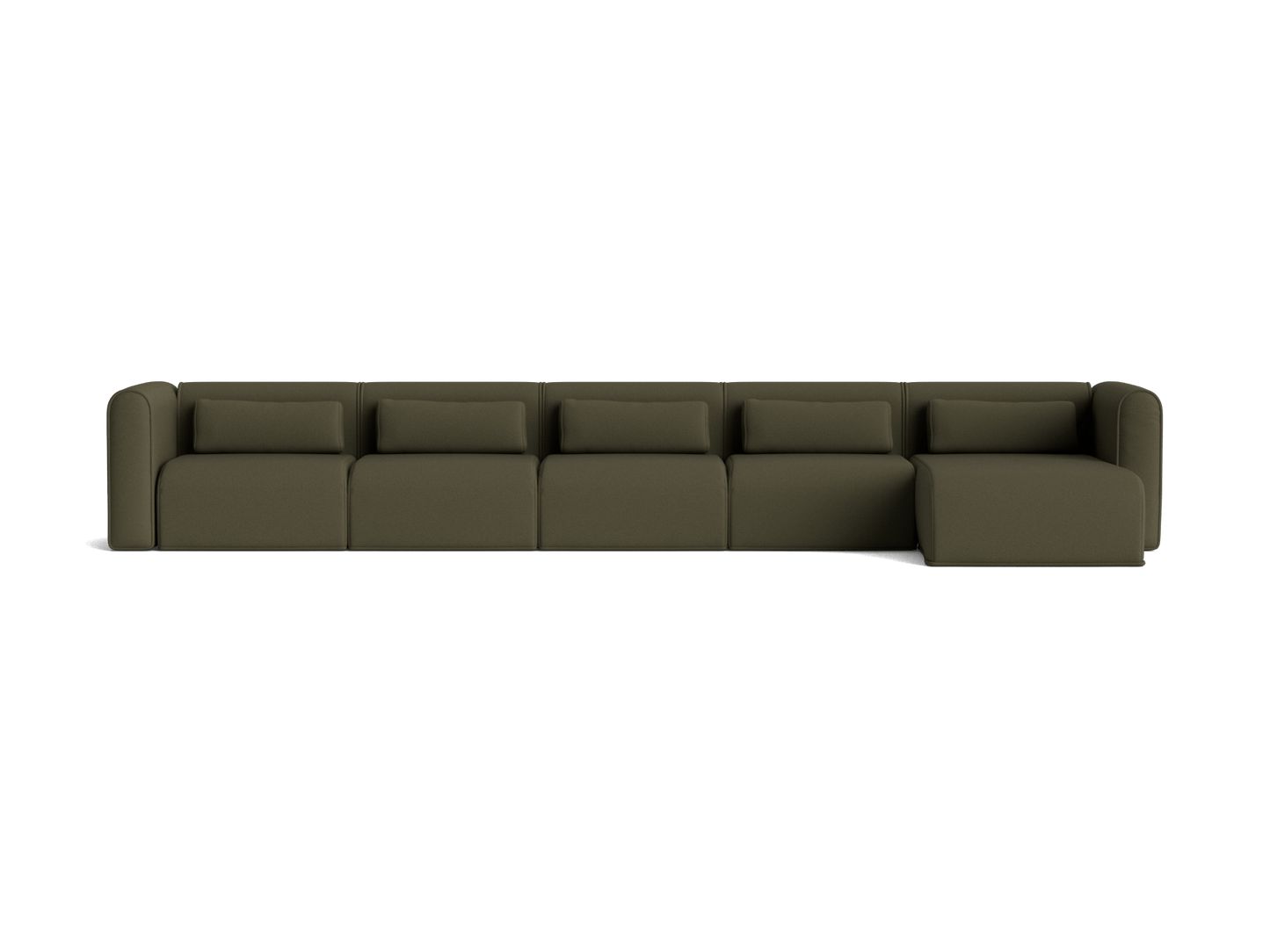 Olive green modular sofa with five sections, including a chaise on the right. Minimalist design with firm cushions for modern living rooms.