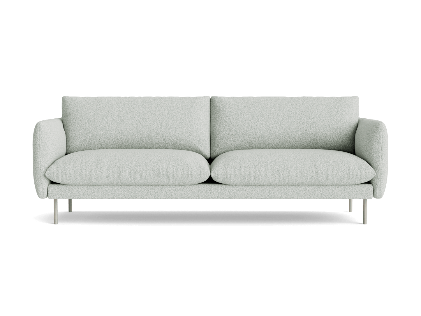 Light grey three-seater sofa with plush cushions and slim metal legs, viewed from the front.