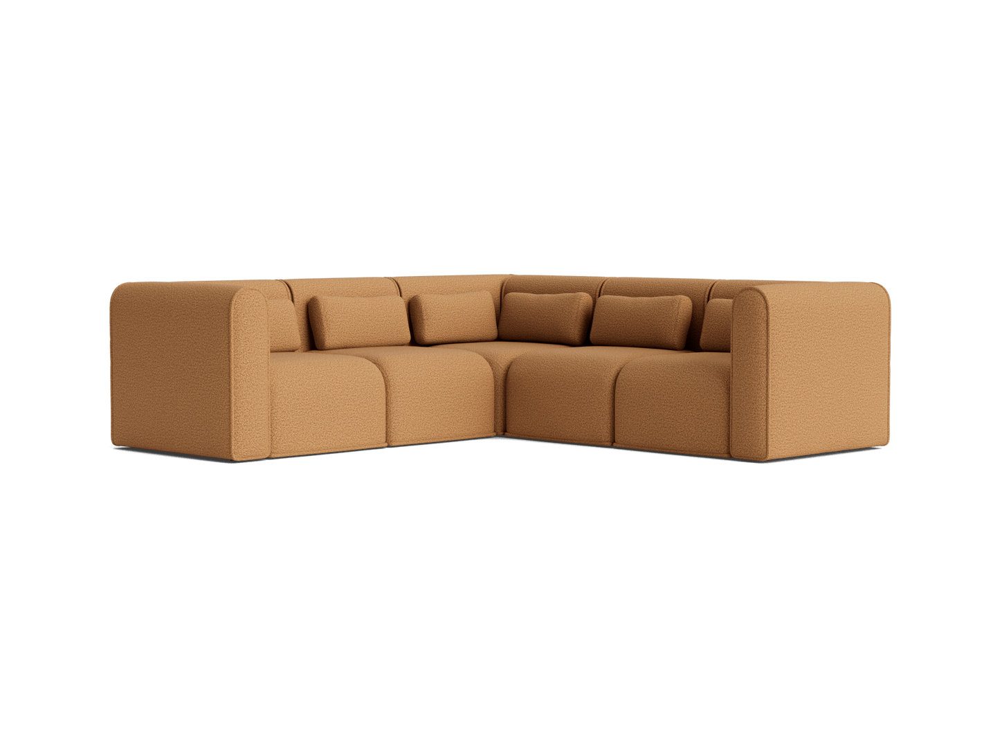 Tan L-shaped sectional sofa with plush cushions and rounded arms. Modern design ideal for living rooms.