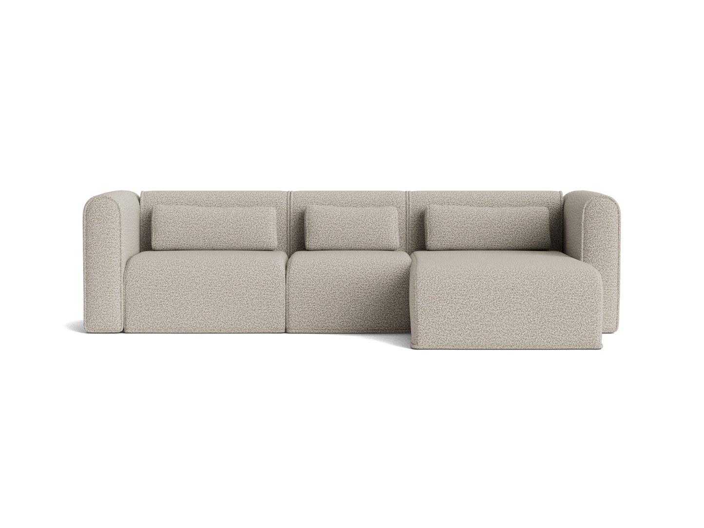 Three-seater light grey fabric sofa with a right-side chaise lounge and three back cushions. Perfect for modern living rooms.