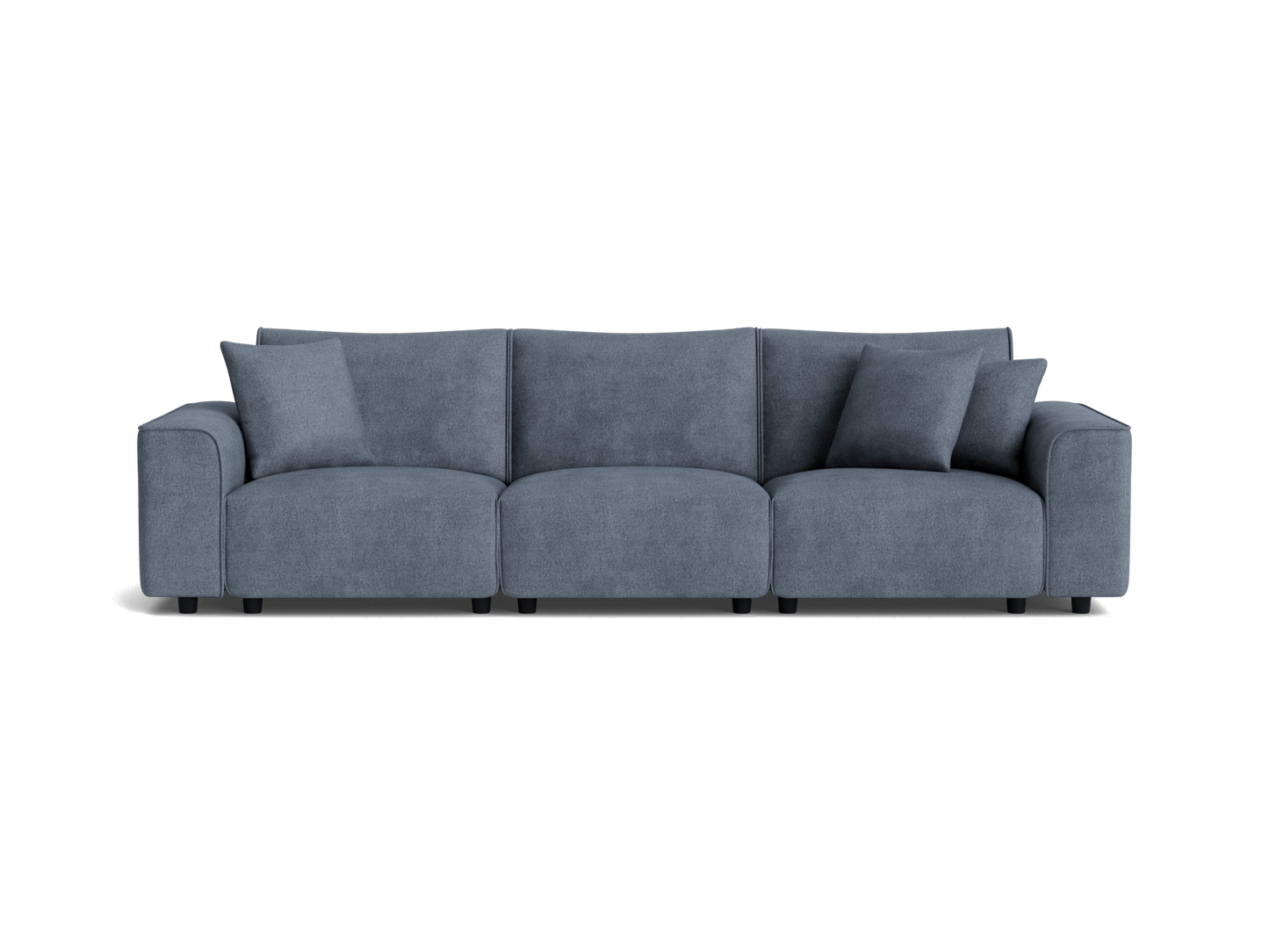 Dark grey fabric sofa with three seats and large cushions, featuring a modern design and plush armrests, ideal for living room interiors.