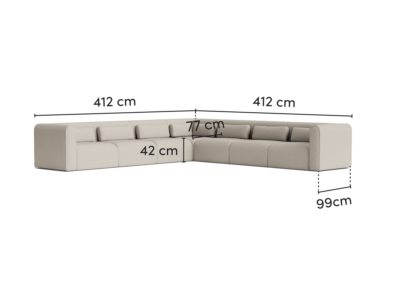 Beige L-shaped modular sofa with cushioned seats. Dimensions are shown: 412 cm on each side, 77 cm back height, 42 cm seat depth, and 99 cm width.