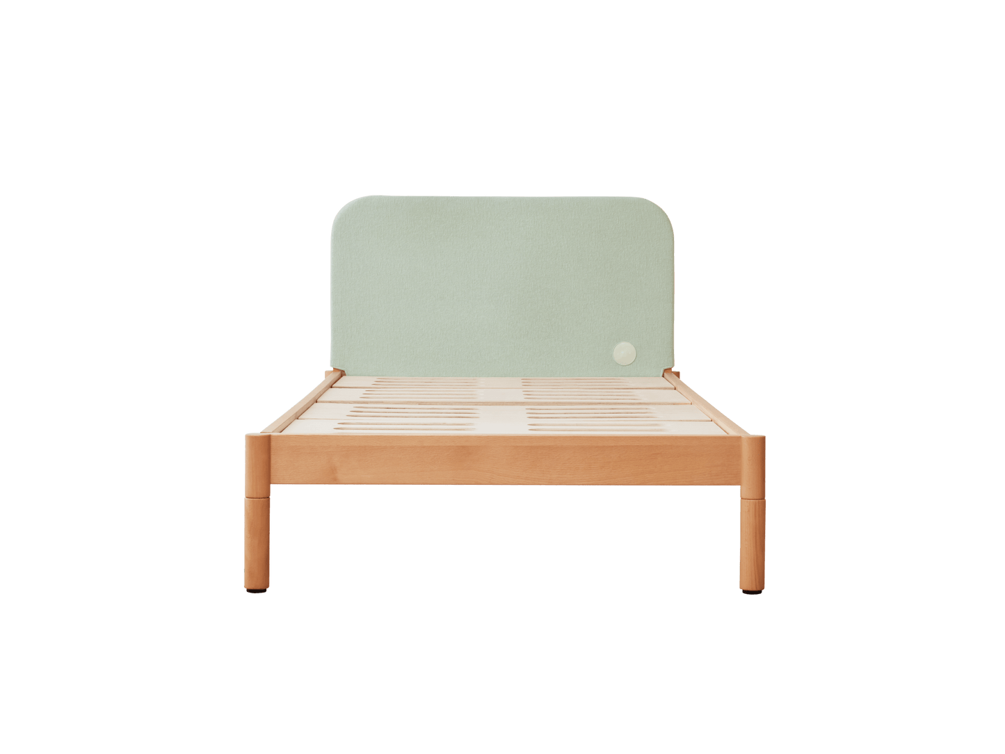 Wooden bed frame with a light green fabric headboard, viewed from the front. Ideal for modern bedroom décor.