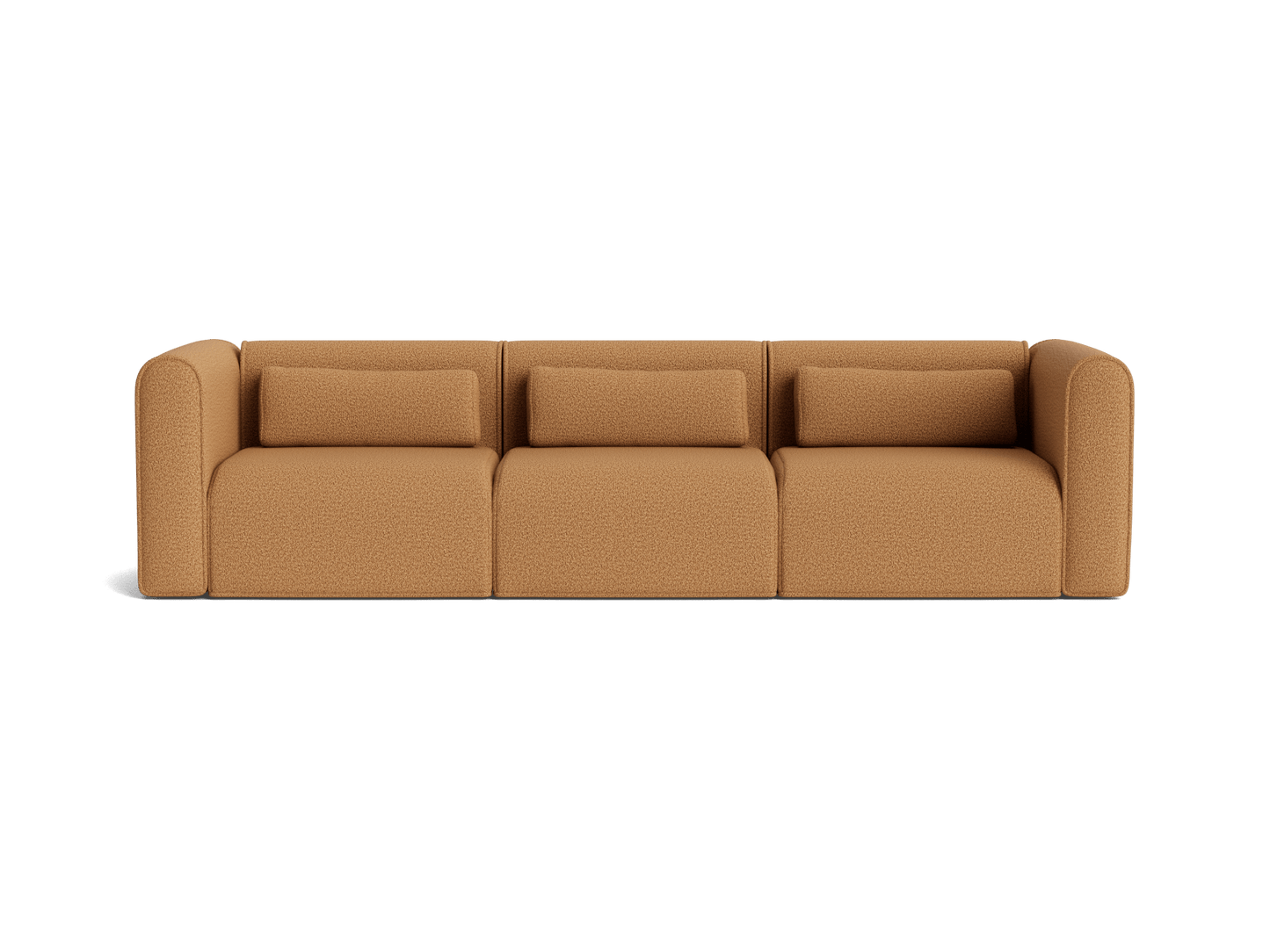Three-seater brown sofa with cushioned seats and backrests, featuring rounded armrests and a minimalist design. Perfect for modern living rooms.