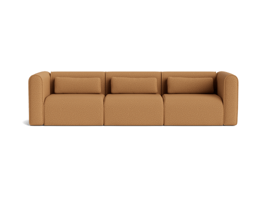 Three-seater brown sofa with cushioned seats and backrests, featuring rounded armrests and a minimalist design. Perfect for modern living rooms.