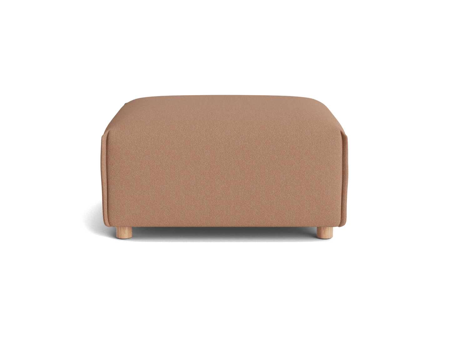 Beige square ottoman with wooden legs; minimalist design, ideal as a footrest or coffee table. Perfect for modern living spaces.