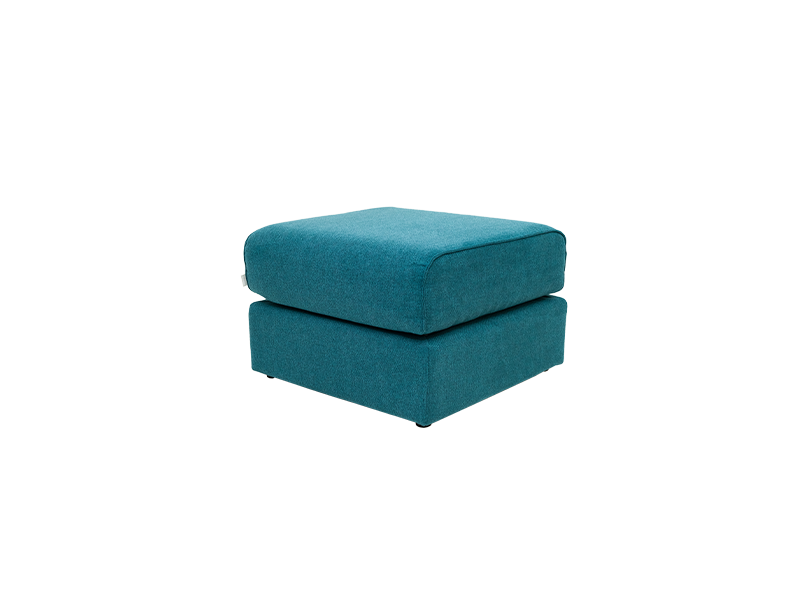 Teal upholstered ottoman with clean lines and a square shape. Simple, modern design suitable for living room or lounge space.
