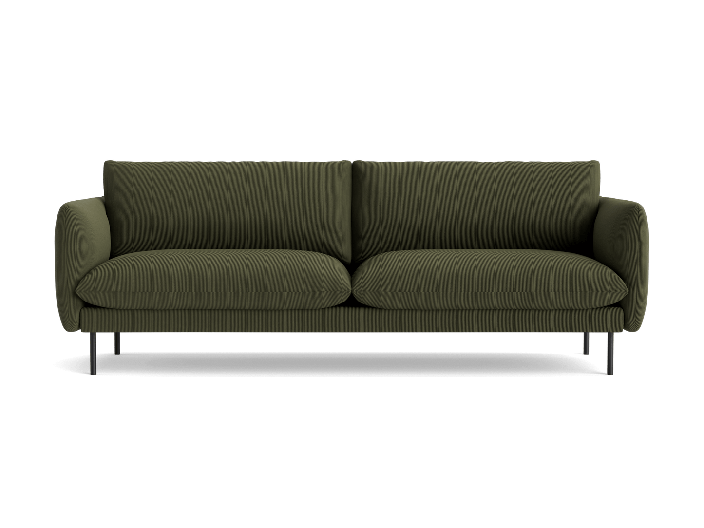Olive green sofa with plush cushions and slim black metal legs. Simple, modern design, ideal for a stylish living room setup.
