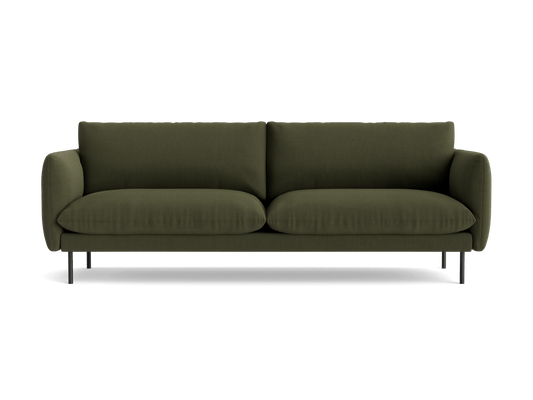 Olive green sofa with plush cushions and slim black metal legs. Simple, modern design, ideal for a stylish living room setup.