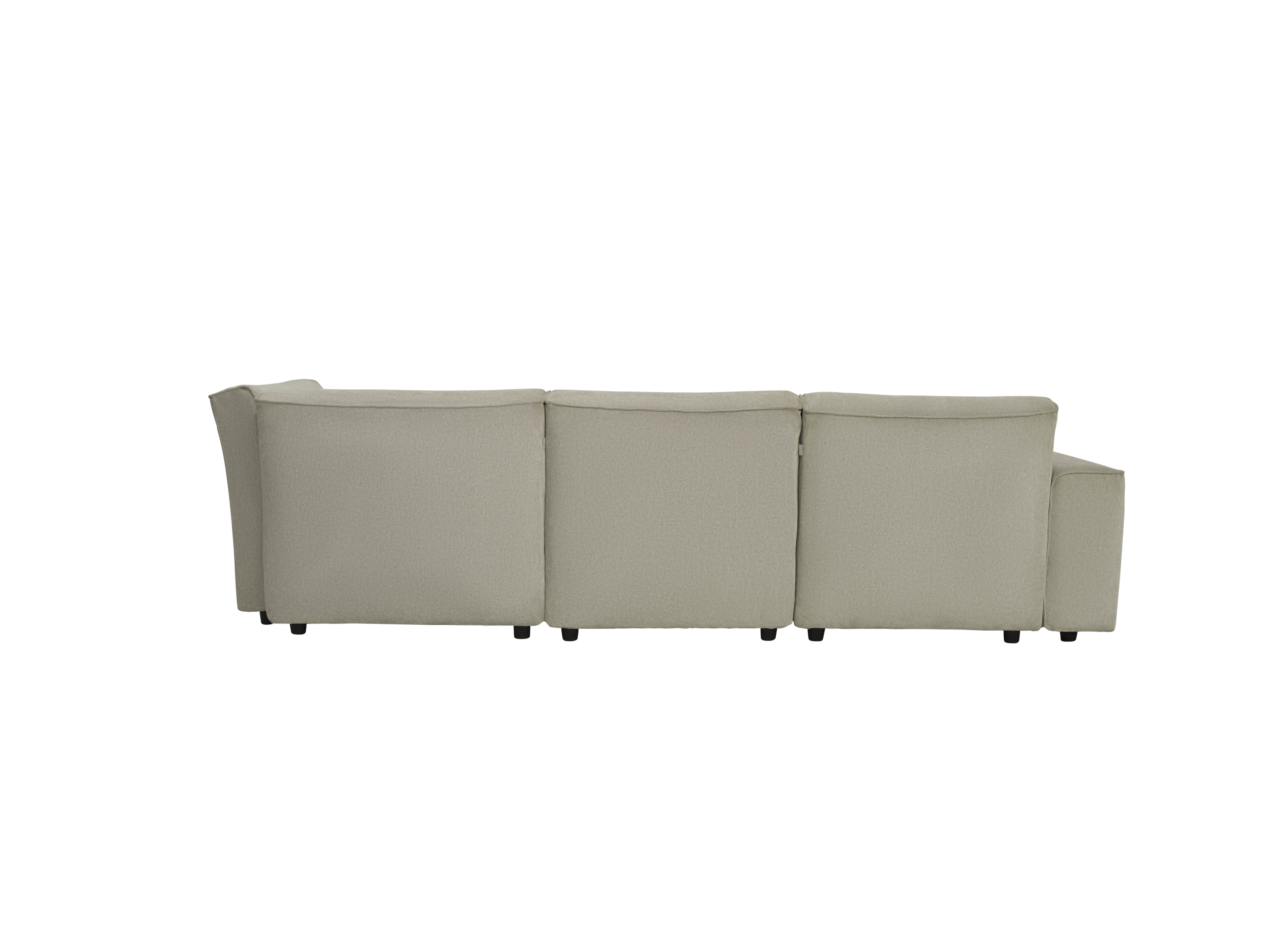 Beige sectional sofa, rear view, showing three cushions and dark legs on a white background. Perfect for modern living room décor.