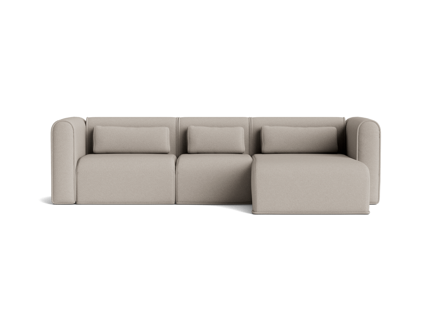 Beige modular sectional sofa with three cushions and a chaise on the right side. Simple, modern design with rounded armrests.