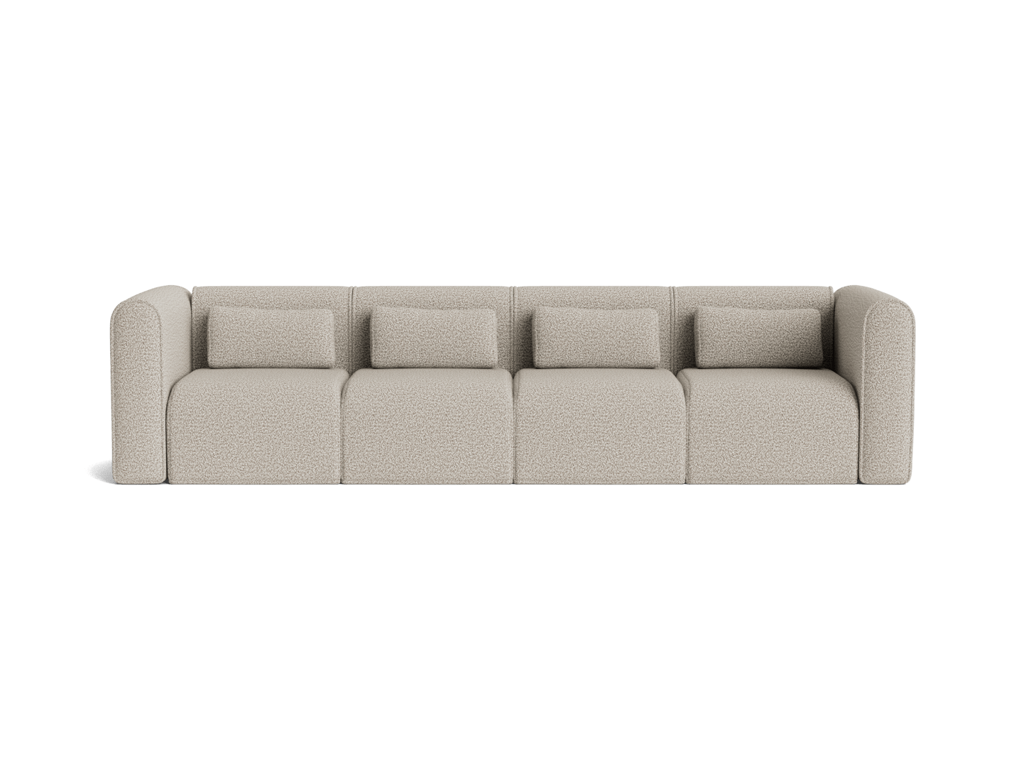 Four-seater light grey sofa with rounded arms and cushioned backrests, showcasing modern, minimalist design. Ideal for living room spaces.