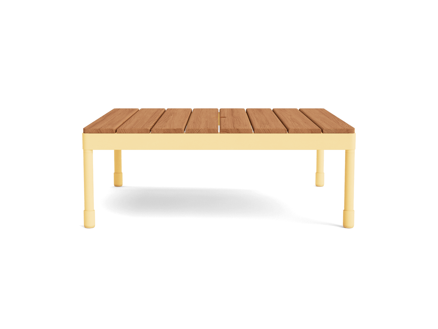 Wooden coffee table with a light yellow frame and slatted top. Modern design, perfect for living room or outdoor settings.