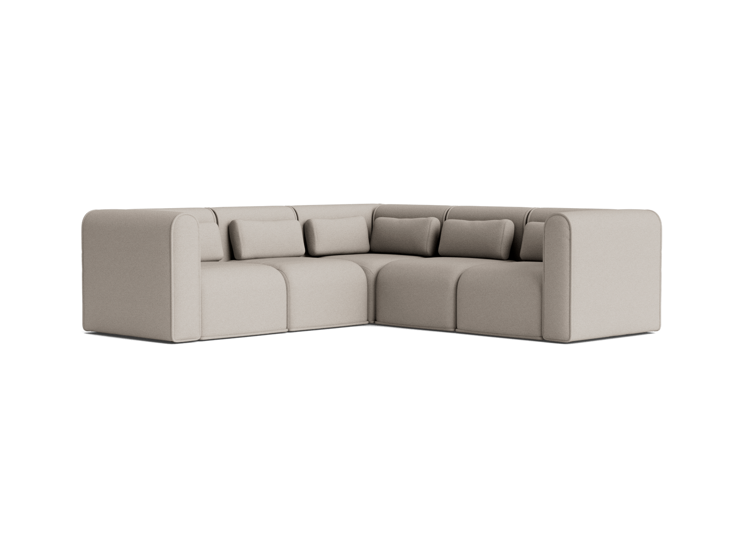 Modern beige L-shaped sectional sofa with low backrest and multiple cushions. Upholstered in fabric, ideal for spacious living rooms.