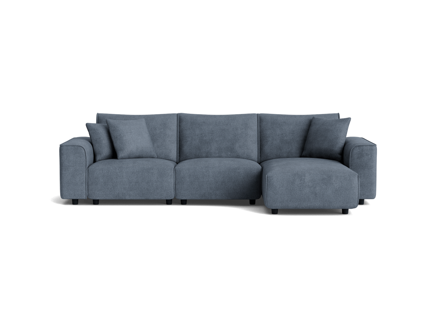 Dark blue sectional sofa with a chaise on the right and three cushions. Plush upholstery and square arms. Modern design.
