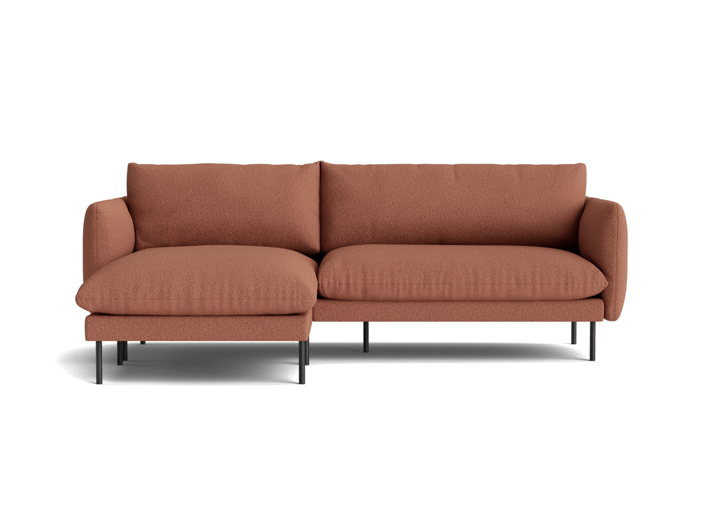 Brown two-seater fabric sofa with a left chaise and slim black legs. Contemporary design for modern living spaces.