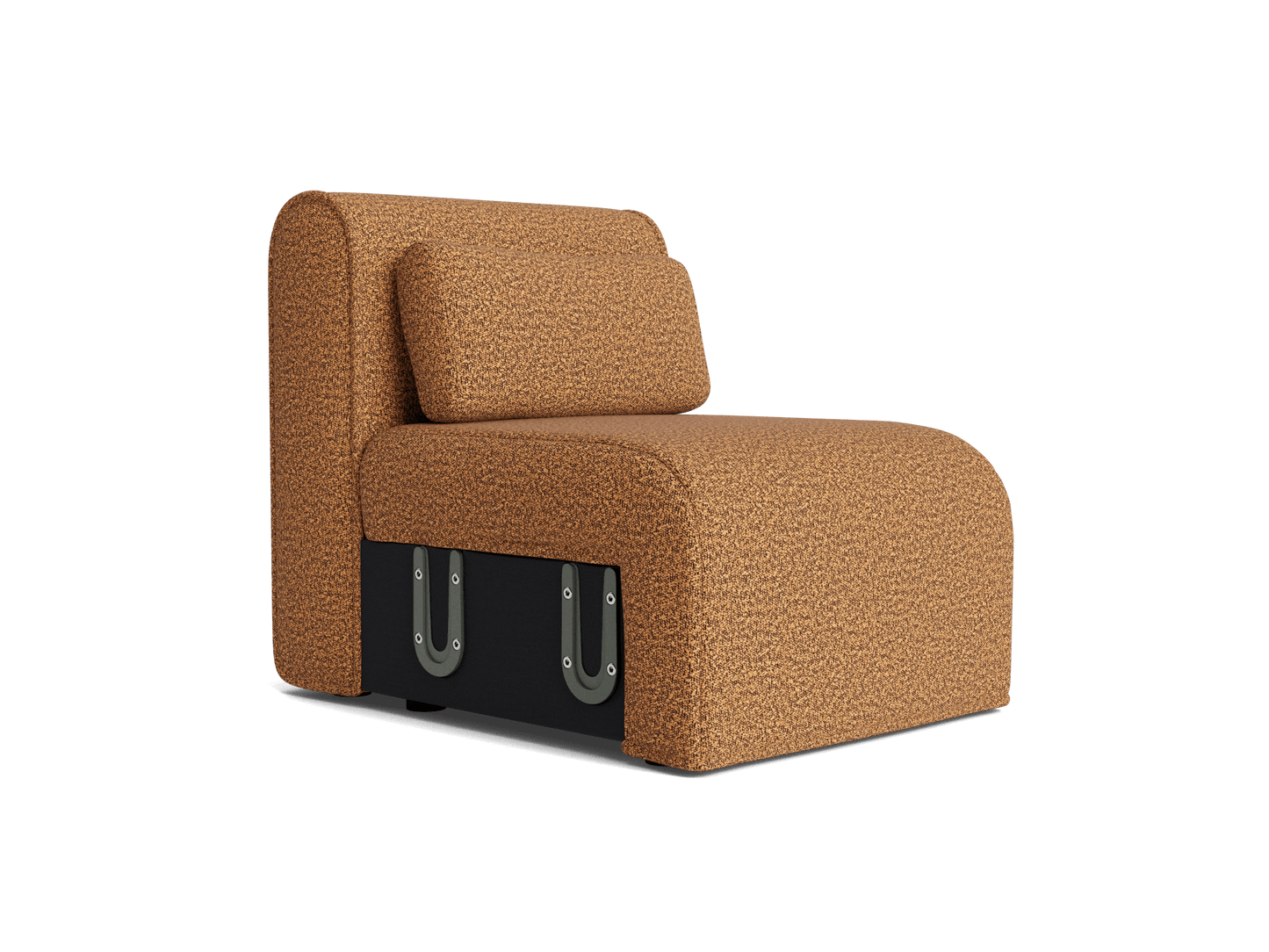 Brown upholstered modular chair with a curved backrest and black metal underframe, featuring exposed hardware details.