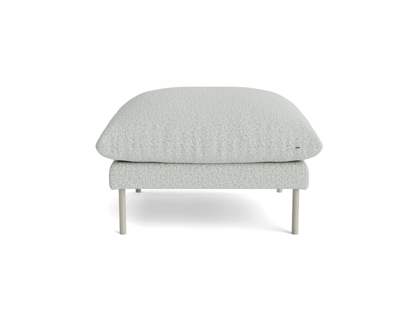 Light grey cushioned ottoman with rounded edges and slender metal legs, viewed from the front. Minimalist design.