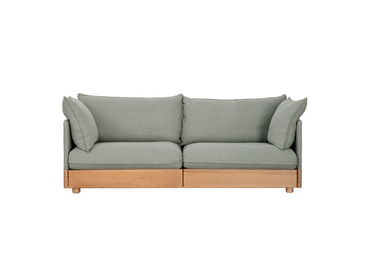Light grey sofa with wooden base and plush cushions, offering modern and comfortable seating. Perfect for stylish Australian living rooms.