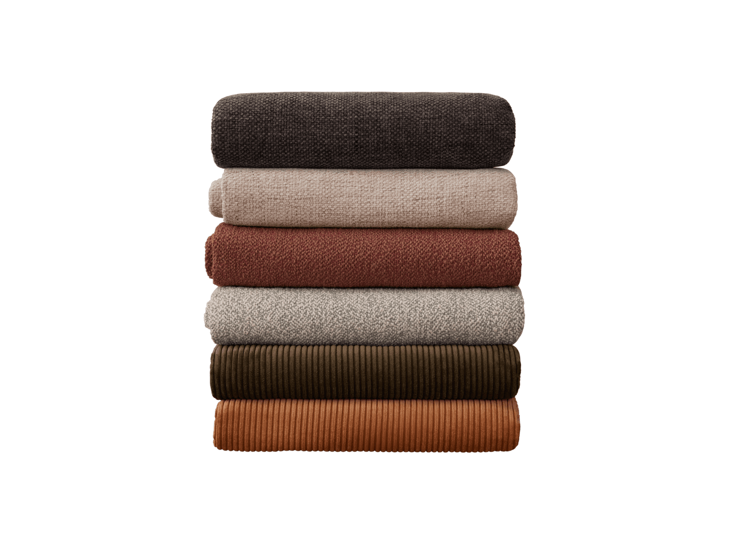 Stack of six folded fabric pieces in dark grey, beige, brown, light grey, olive green, and orange. Perfect for upholstery or interior design.