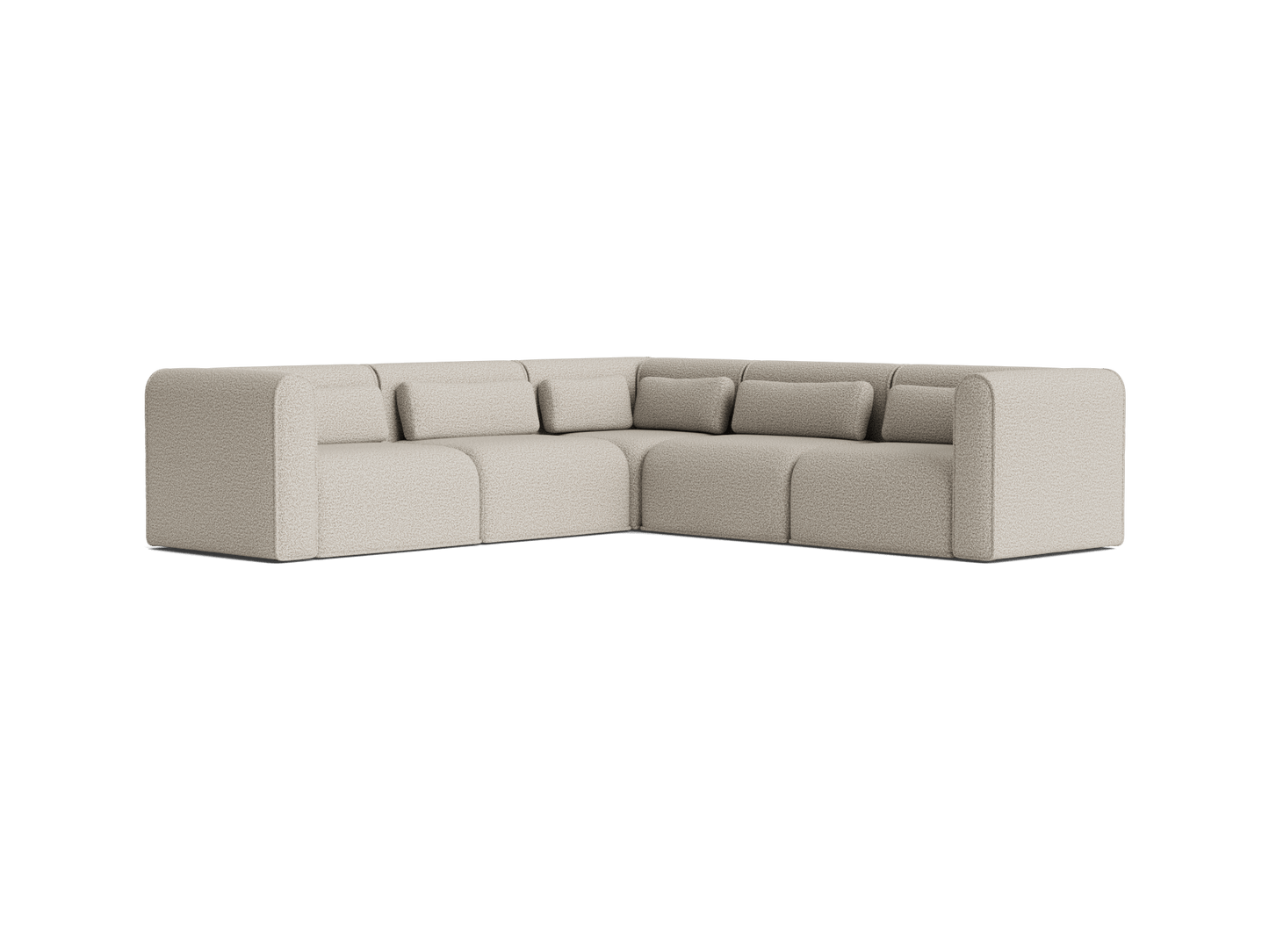 Beige L-shaped sectional sofa with plush cushions, minimalist design, and smooth fabric finish ideal for modern living rooms.