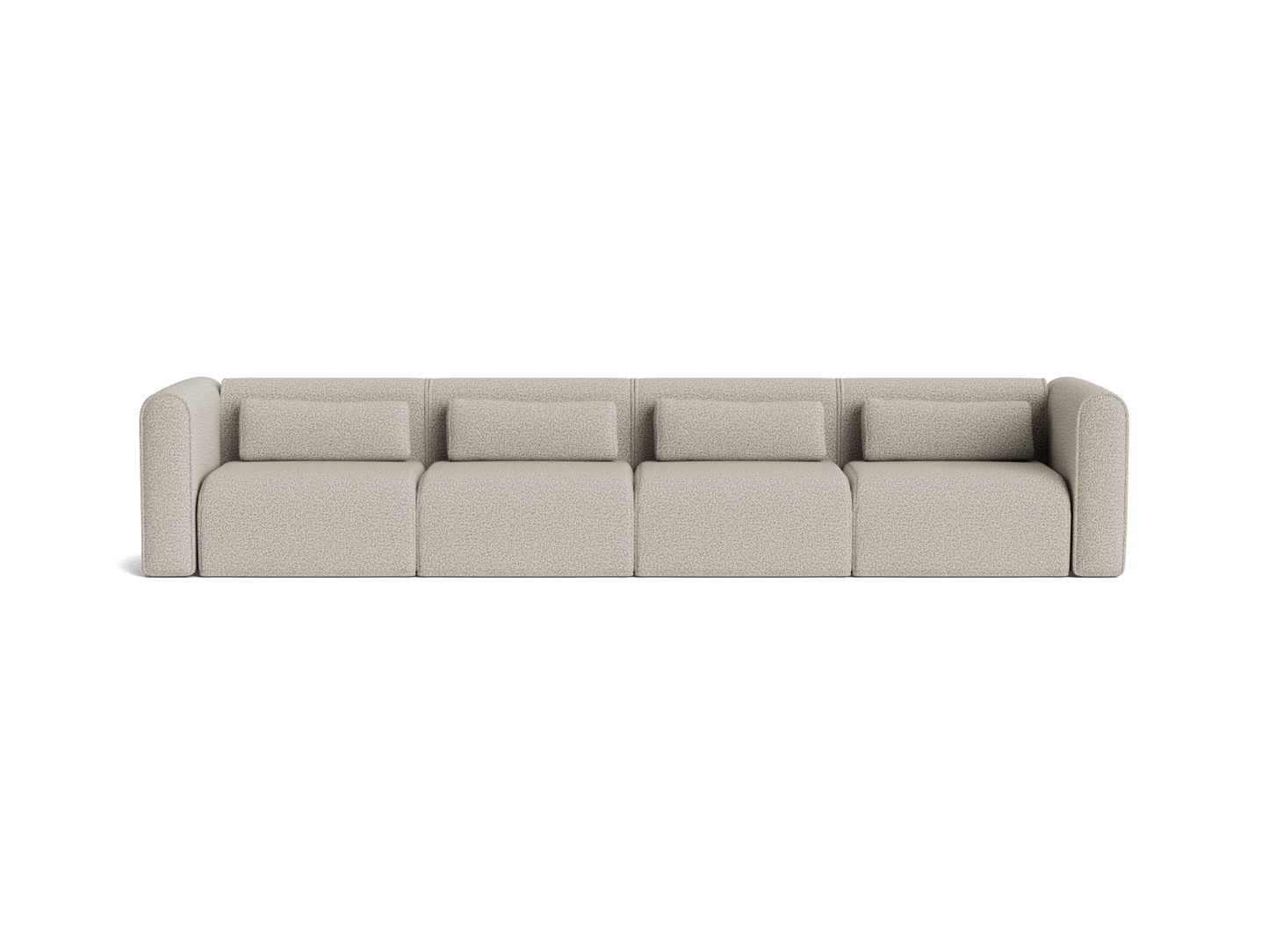 Beige modular sofa with four sections and matching cushions, showcasing a minimalist design suitable for modern living spaces.