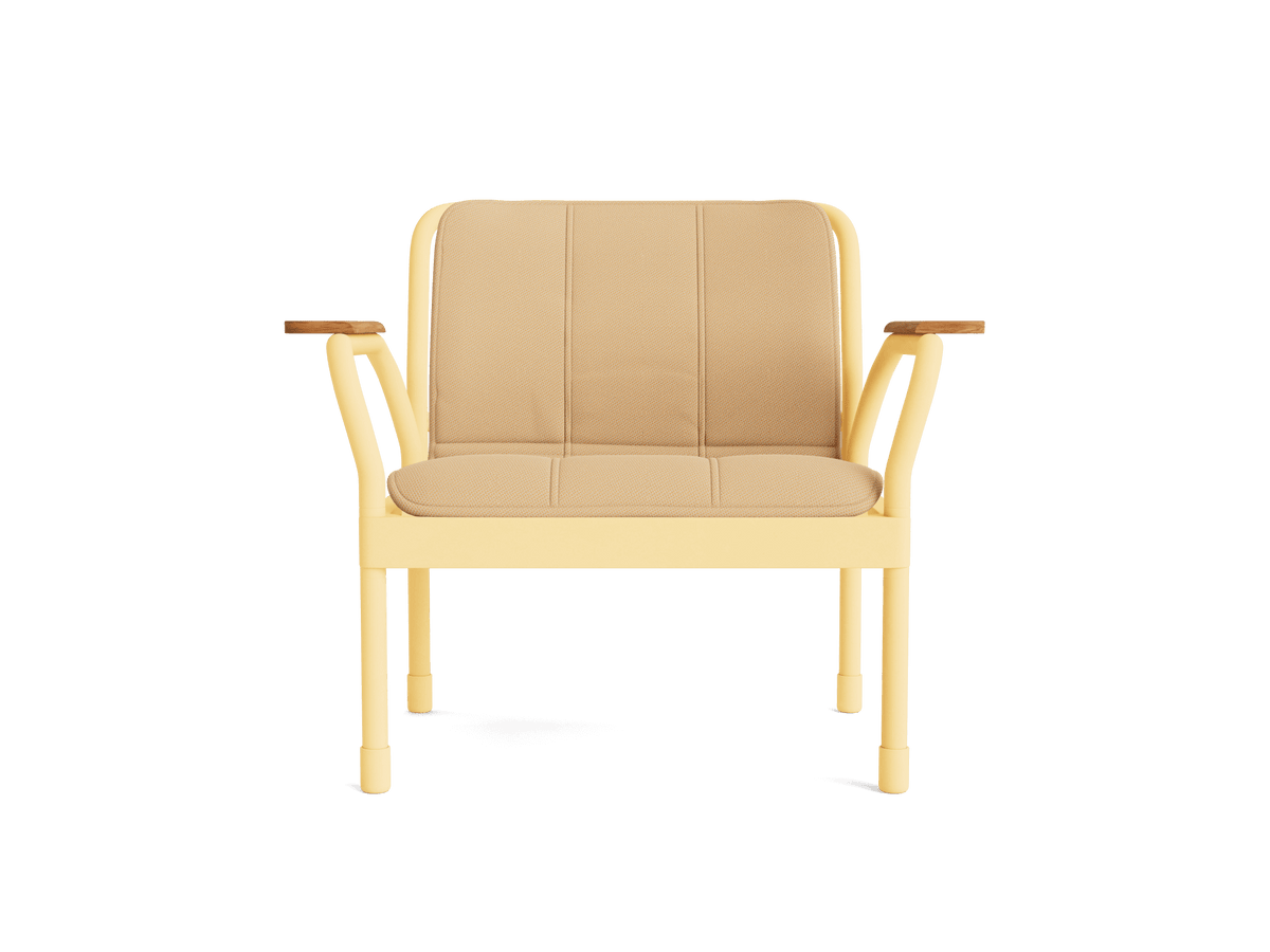 Yellow metal-framed armchair with beige cushioned seat and back, wooden armrests. Modern furniture design.