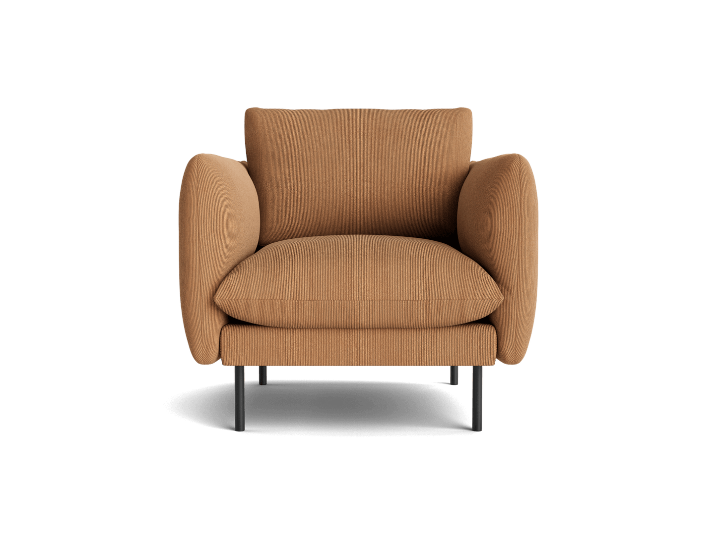 Modern armchair with a brown fabric upholstery, featuring rounded armrests and black metal legs, viewed from the front.