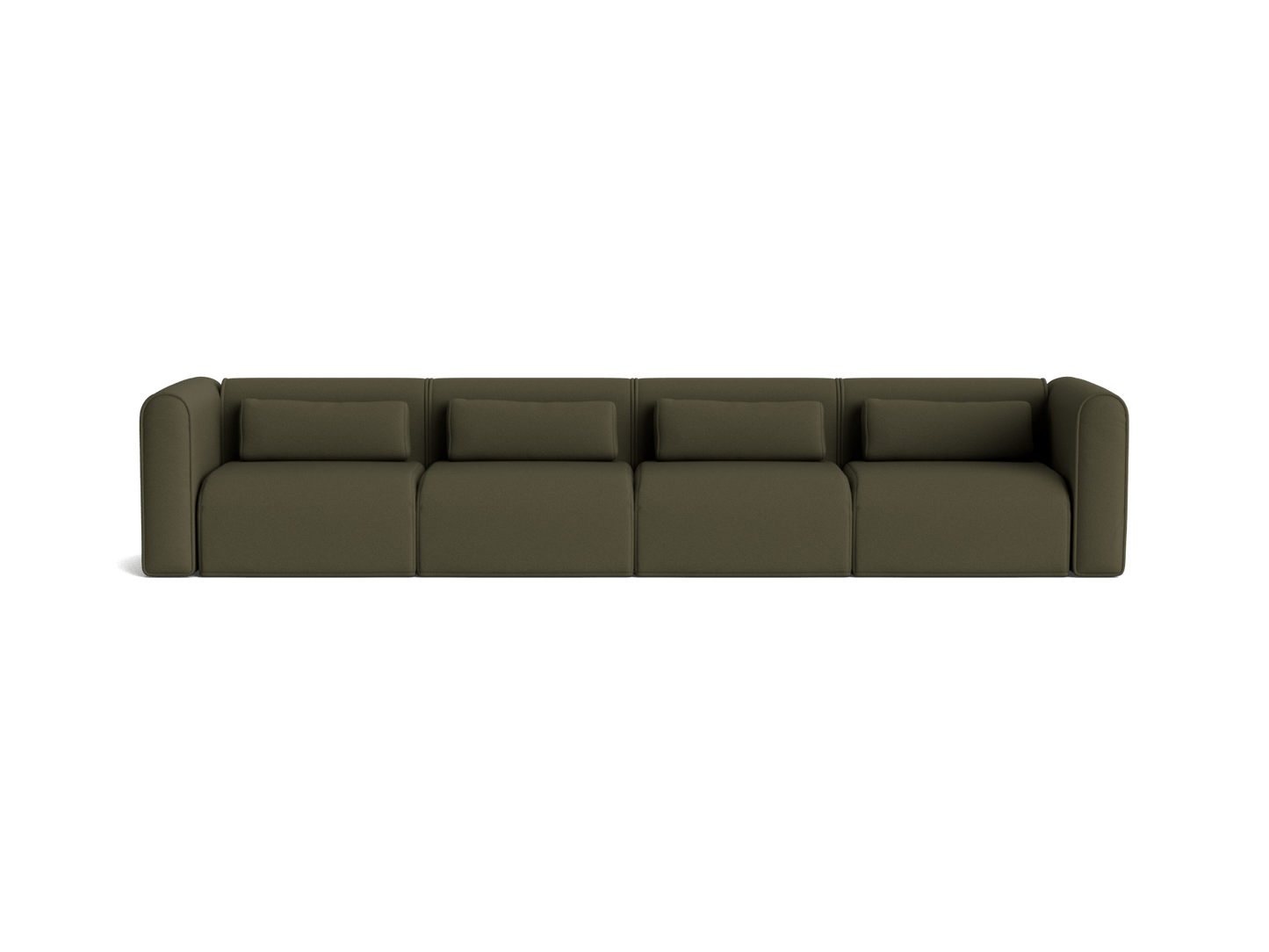 Four-seater olive green sofa with curved armrests and cushions. Modern design, clean lines.