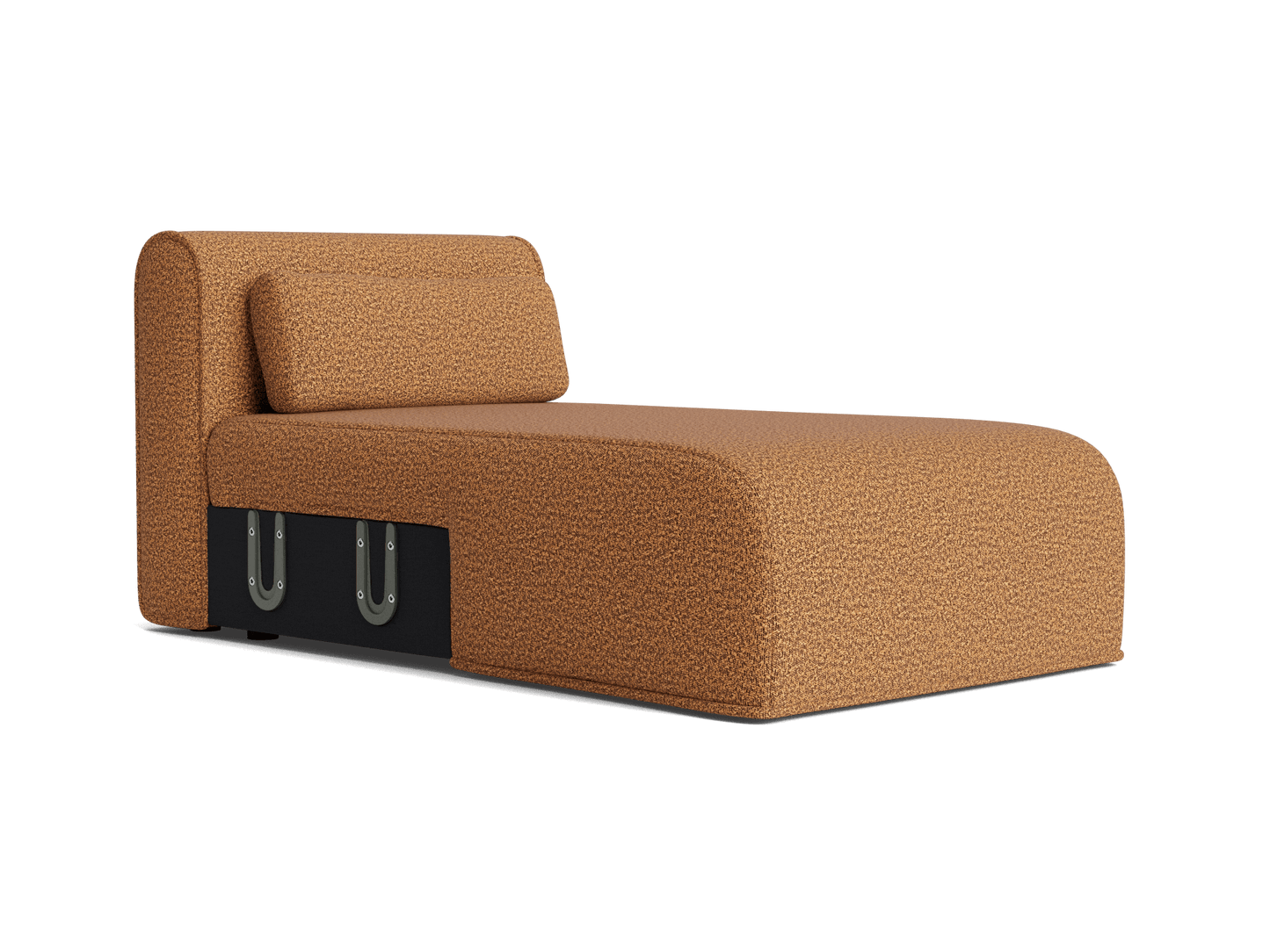 Brown textured chaise lounge with a cushioned backrest and black accents, featuring a unique rectangular cut-out leg design.