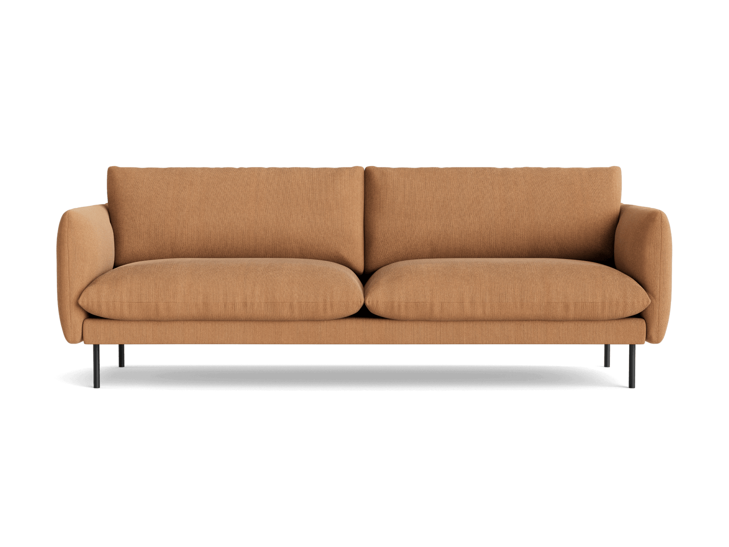 Tan fabric sofa with plush cushions, streamlined arms, and slender black metal legs. Perfect for modern living room decor.
