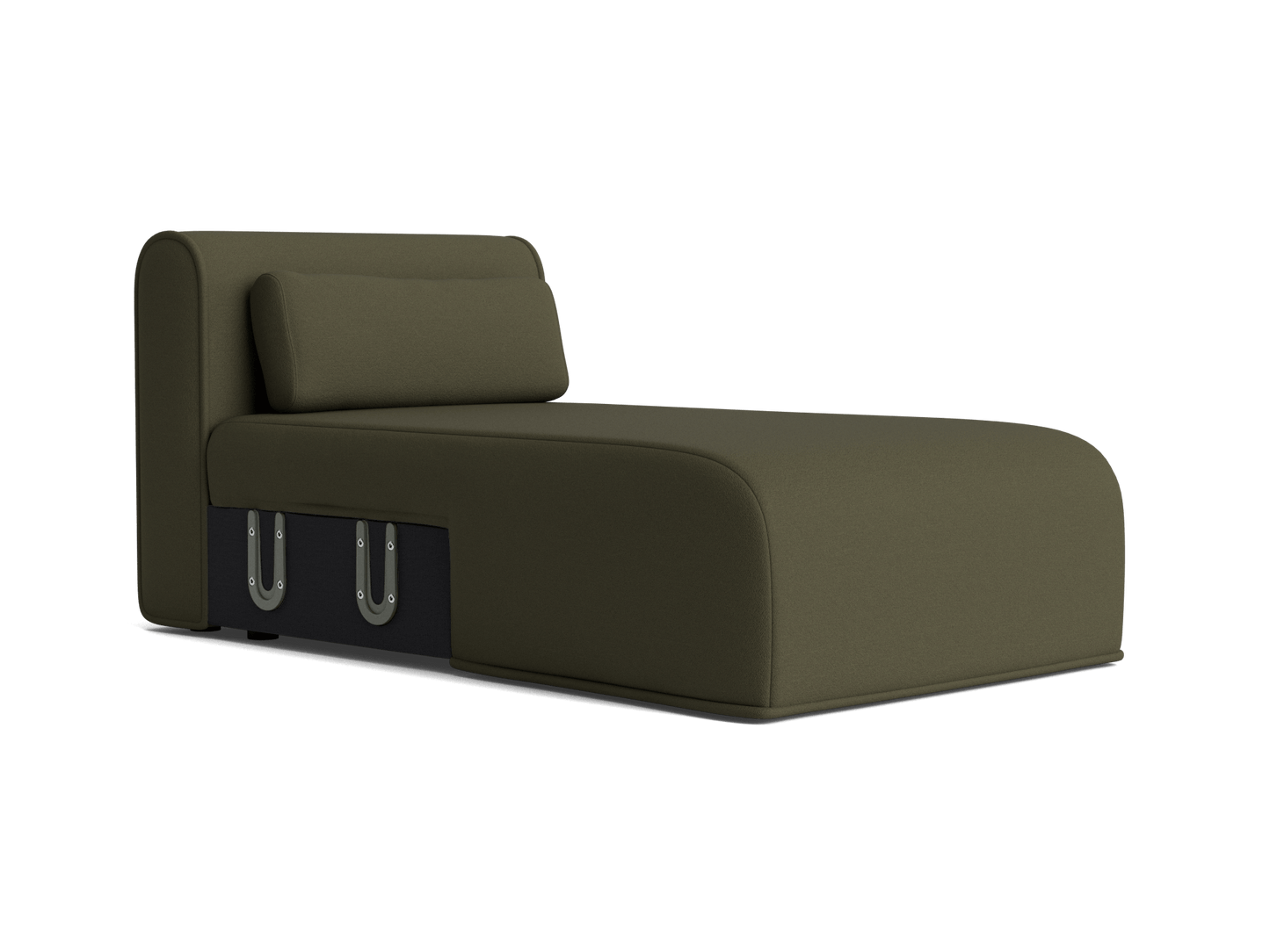 Olive green daybed with a cushioned backrest and side pillow, featuring black storage compartments underneath, accented with metallic handles.