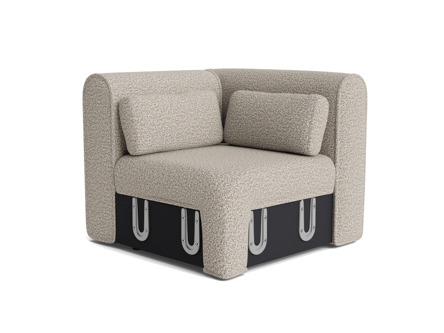 Modern corner chair with textured light grey upholstery and two cushions. Features a unique black base with visible metal accents.
