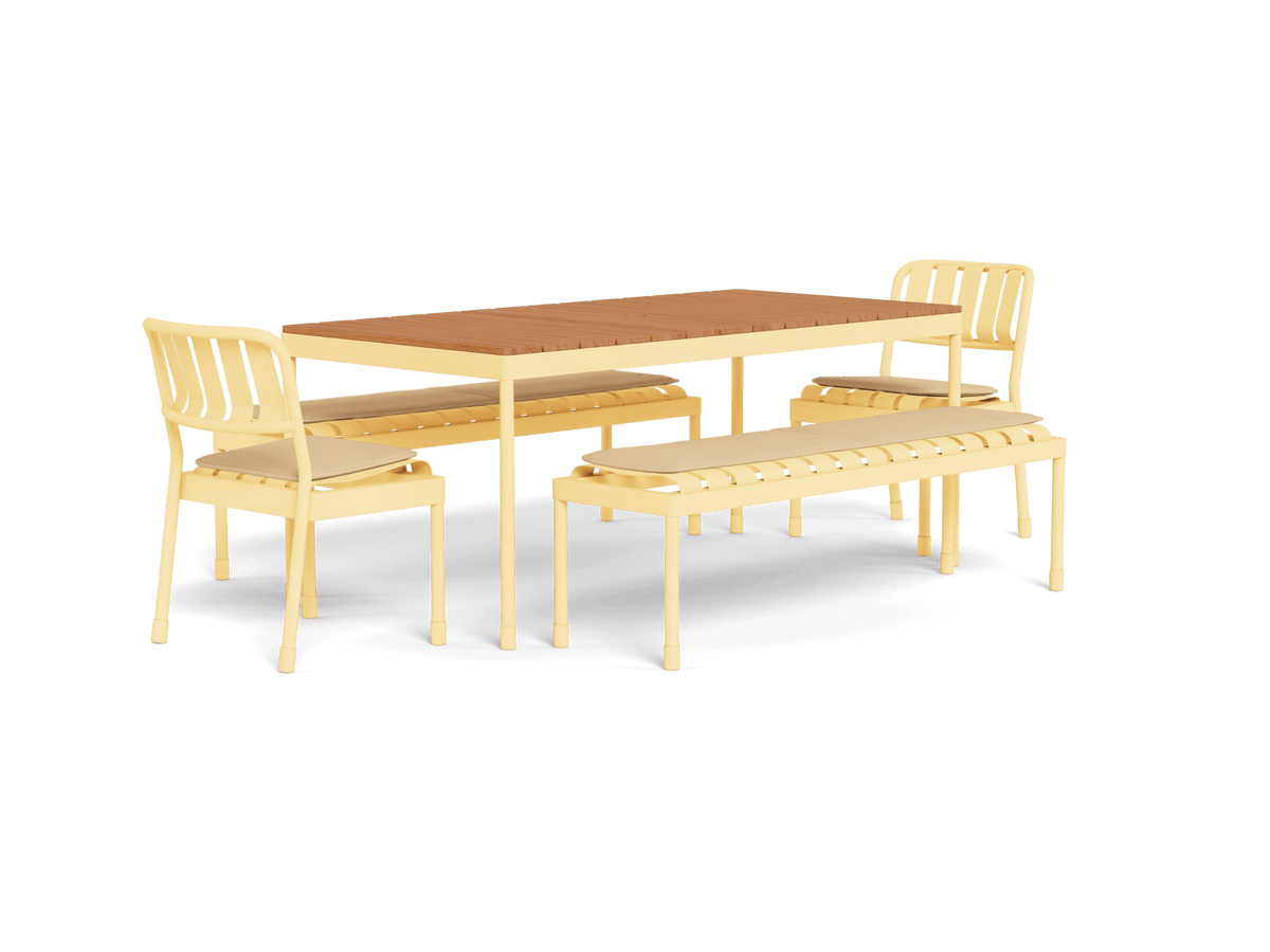 Outdoor dining set with a wooden table, two beige chairs, and a matching bench. Features clean, modern design suited for patio use.