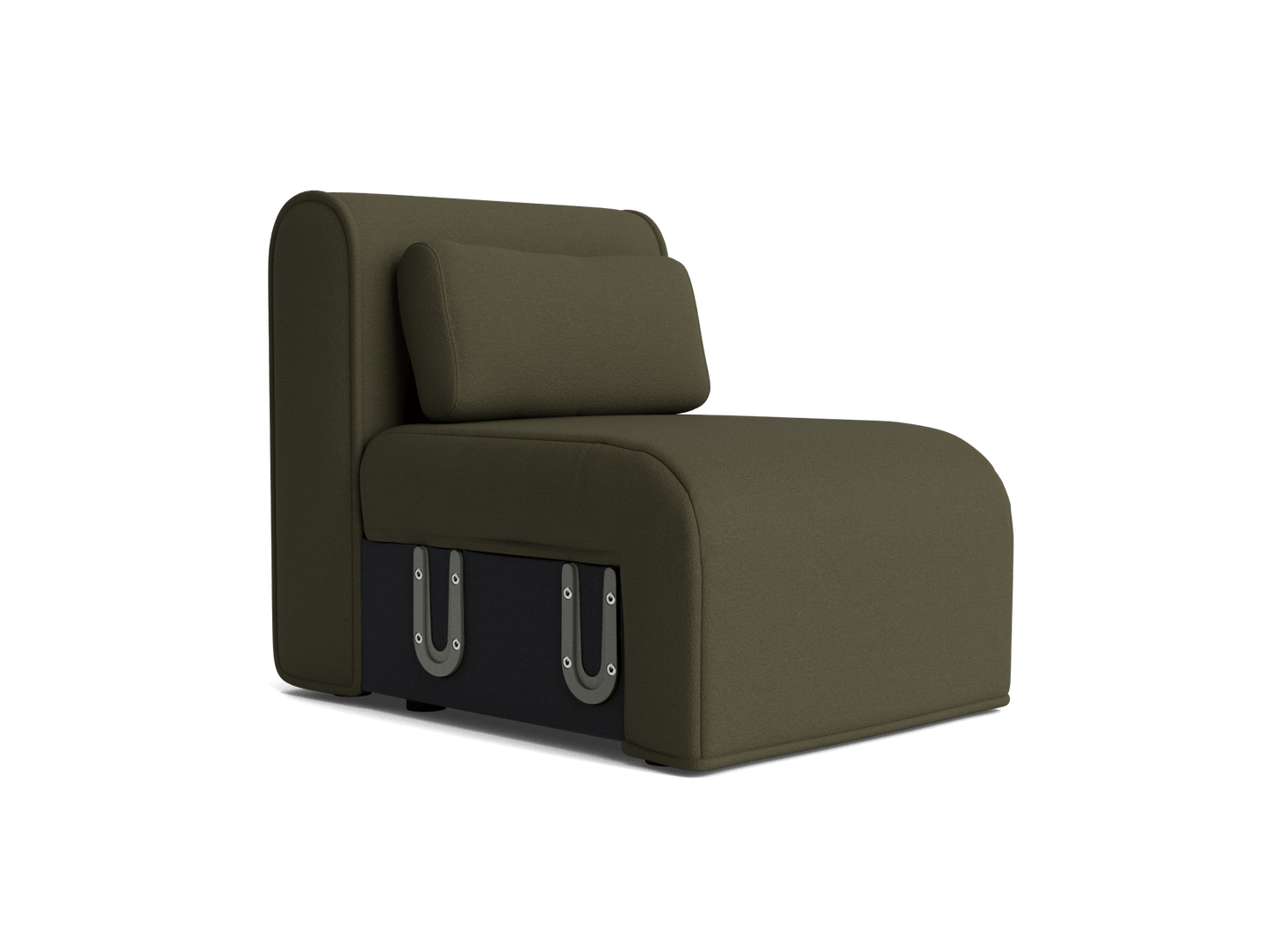 Olive green, armless upholstered chair with a matching back cushion. Compact design featuring dark storage space underneath with metal handles.