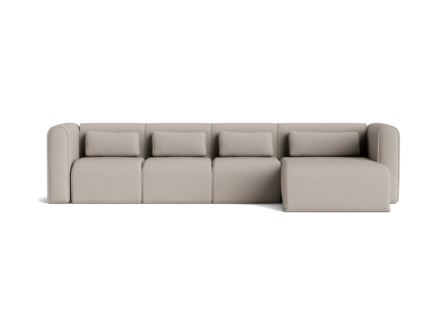 Beige modular sectional sofa with five cushioned seats and a right-side chaise. Modern design with rounded edges.