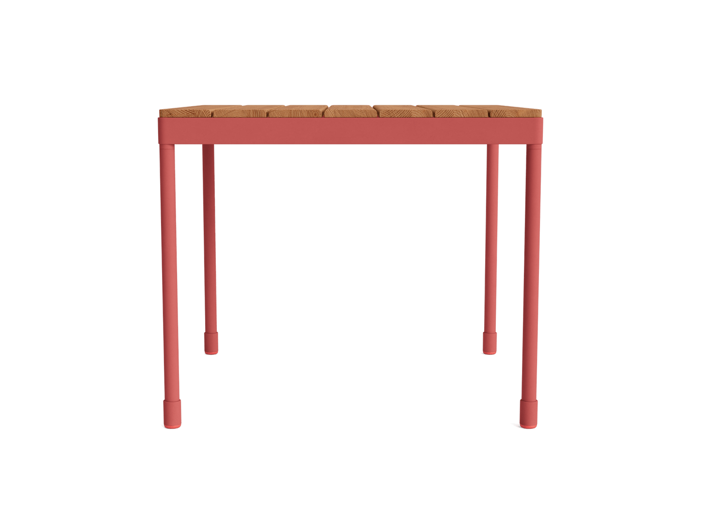 Wooden slat tabletop with red metal legs, rectangular design. Ideal as a patio or garden furniture item.