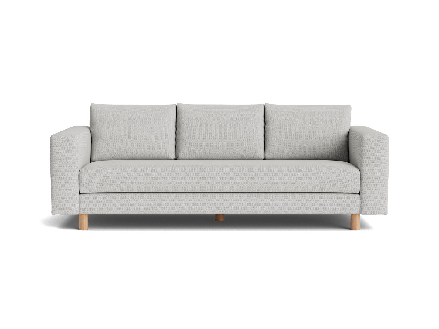 Light grey three-seater sofa with wooden legs, simple and modern design, featuring three back cushions and armrests.