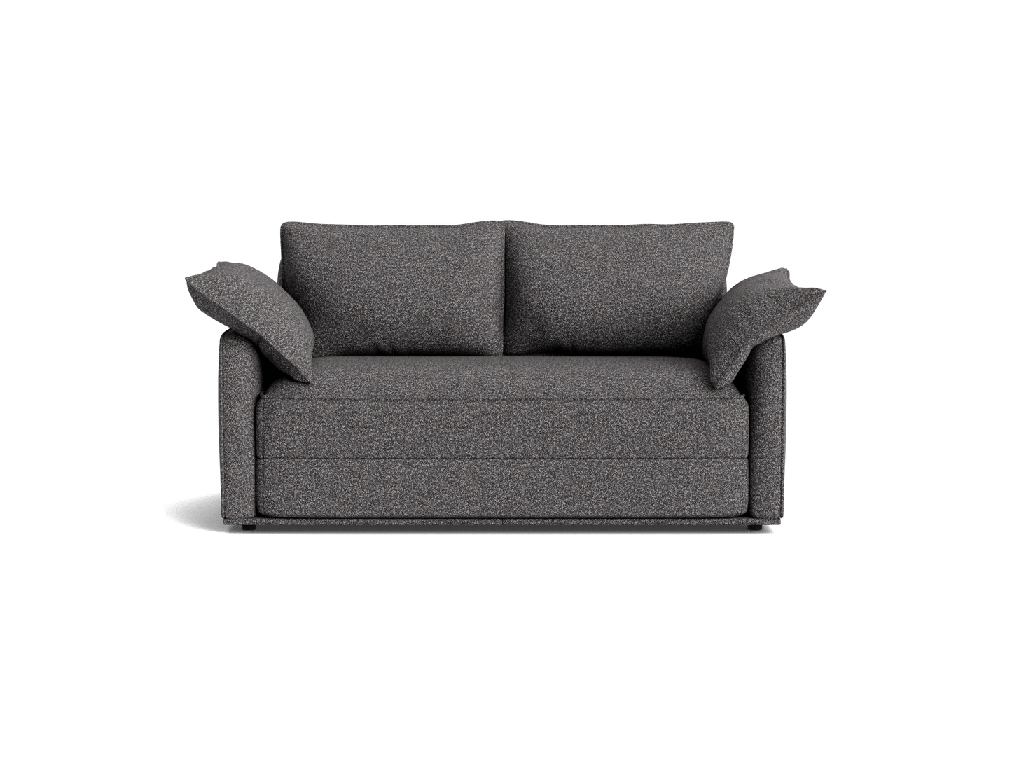 Modern dark grey fabric sofa with two large back cushions and armrests, minimalist design, suitable for a living room or lounge area.