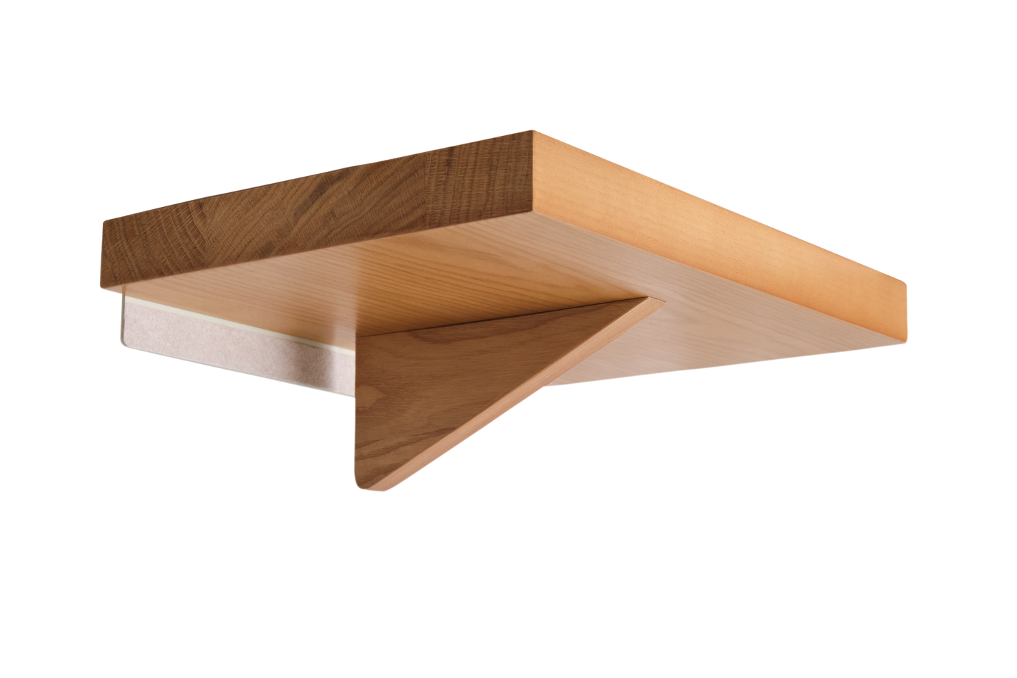 Wall-mounted wooden shelf with triangular support underneath; features a light brown finish.