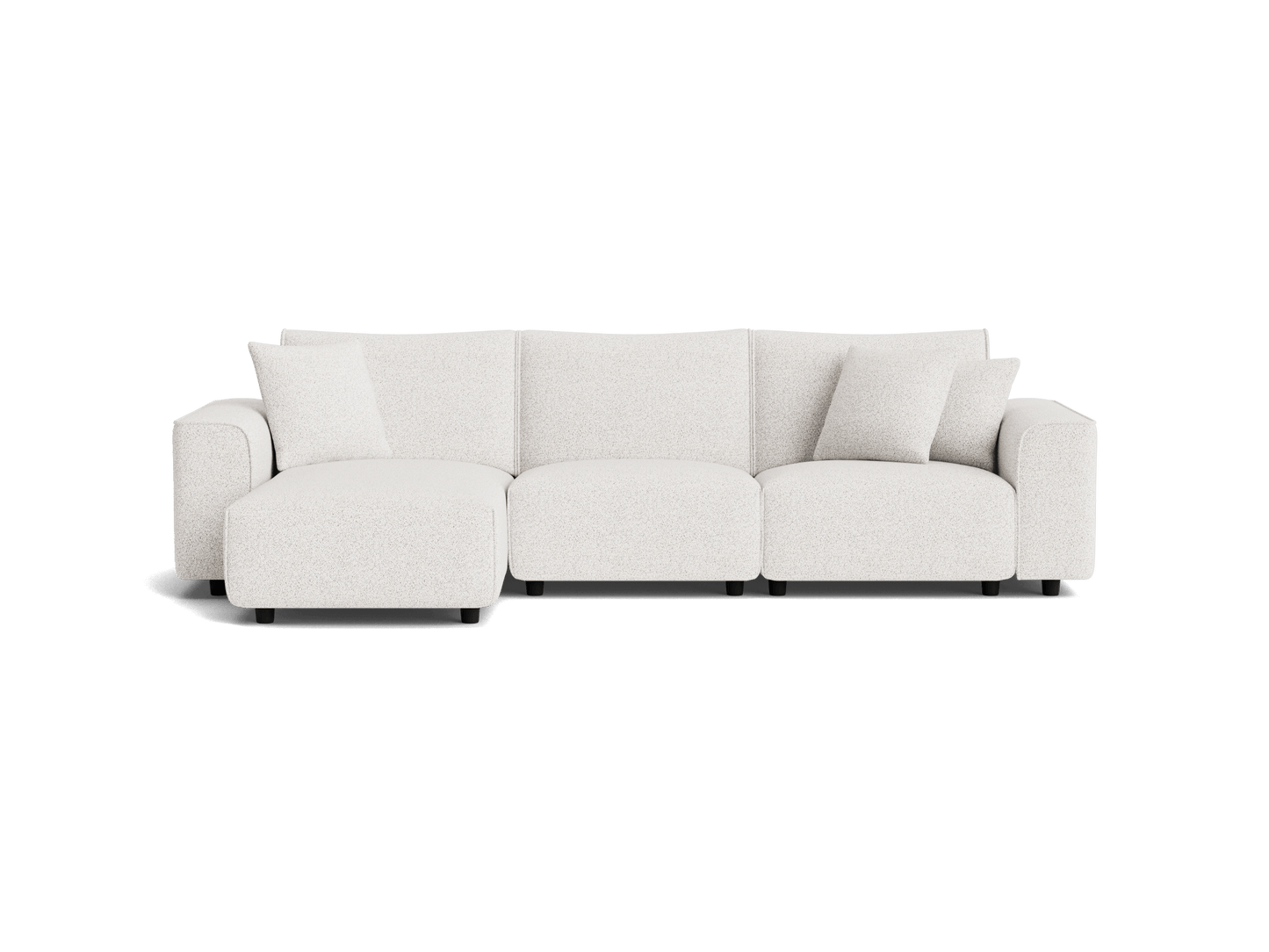 Light grey modular sofa with a chaise and three cushions, perfect for a modern living room.