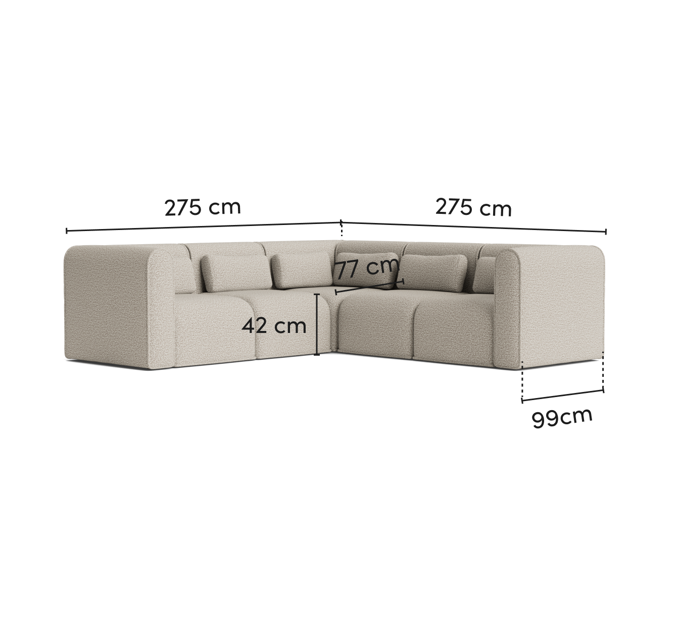 Beige L-shaped sectional sofa with rounded arms and cushions. Dimensions: 82x276x276 cm. Ideal for living room comfort and style.