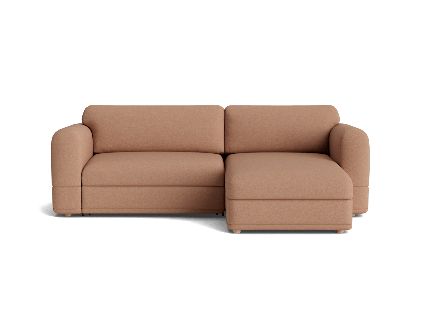 Tan fabric sectional sofa with rounded arms and a right-hand chaise. Simple, modern design on a white background.