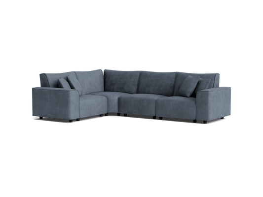 Dark grey L-shaped sectional sofa with plush cushions and armrests, suitable for a modern living room.