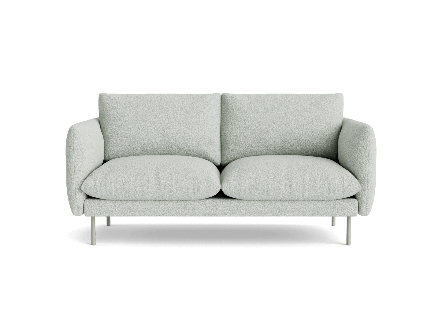 Light grey two-seater sofa with plush cushions and slim metal legs, offering a modern and minimalist style.
