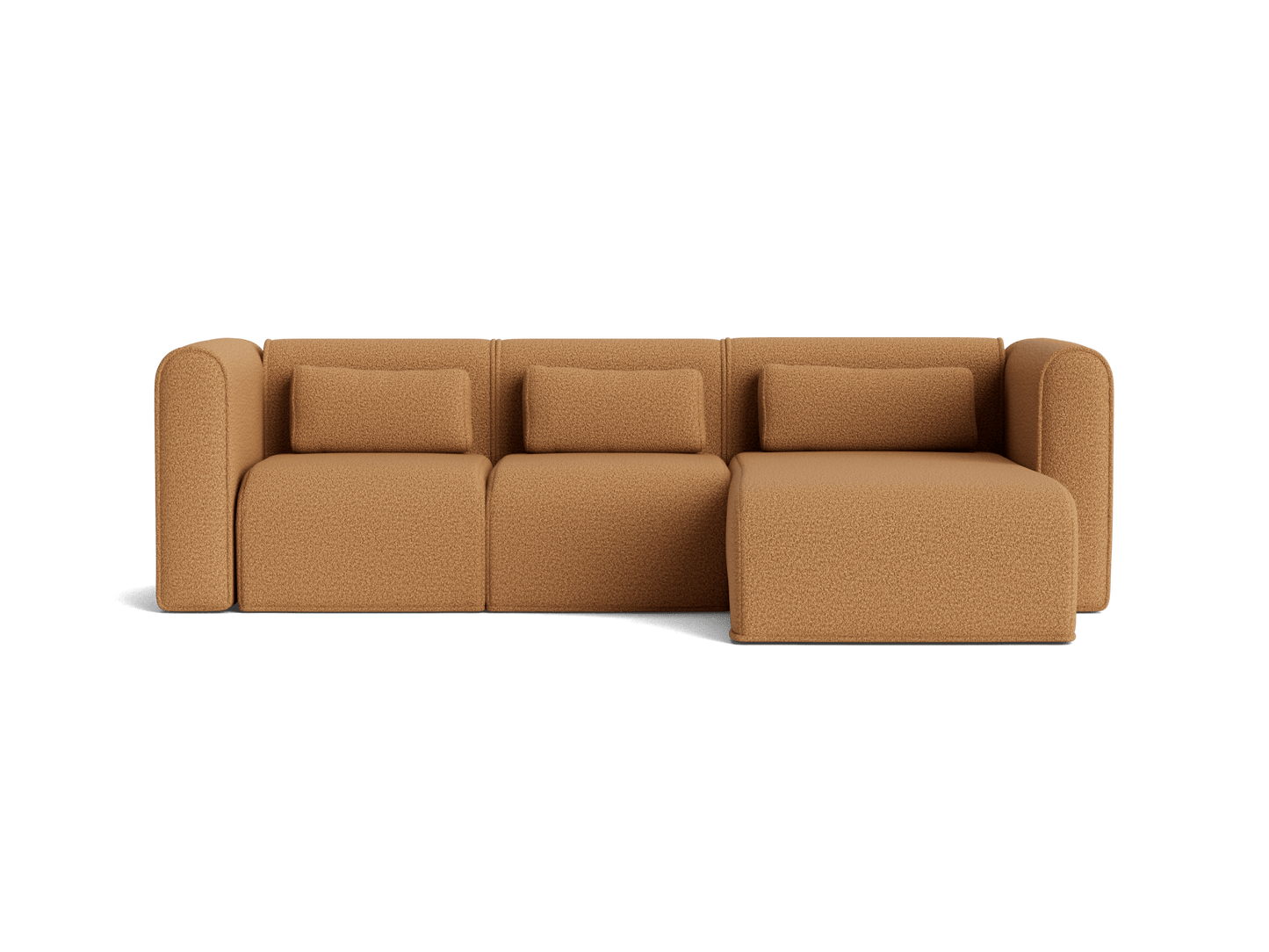 Brown sectional sofa with three seats and a chaise, featuring rounded armrests and plush cushions.